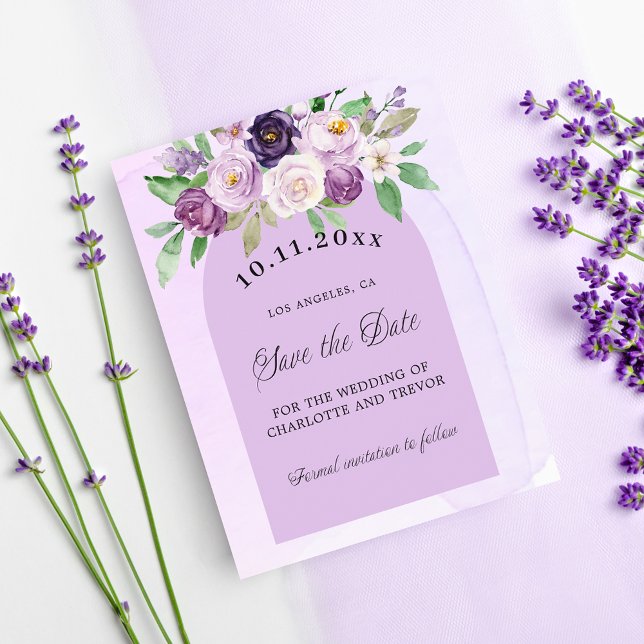 Flyer Casamento com flores violetas roxas, salvo data (Criador carregado)
