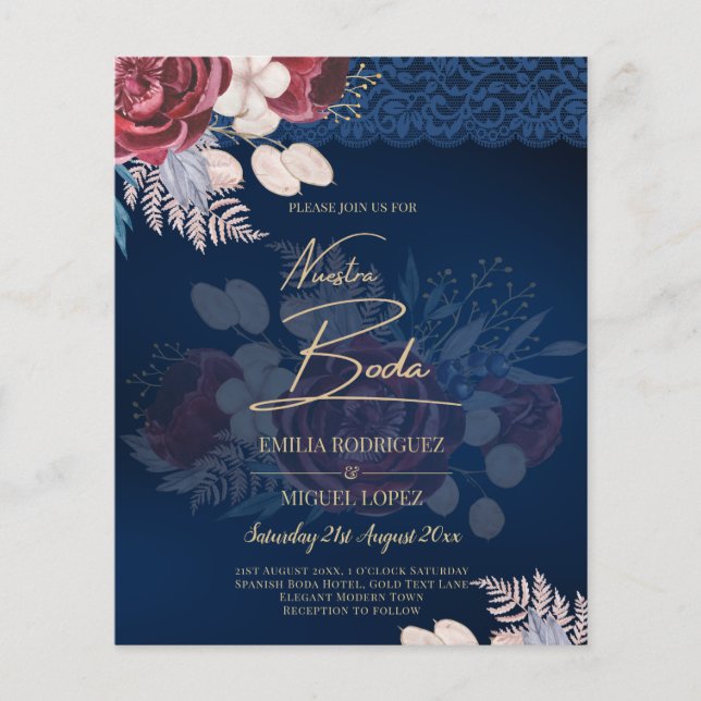 Flyer Casamento com rendas Florais Florais Azul-Borgonha (Frente)