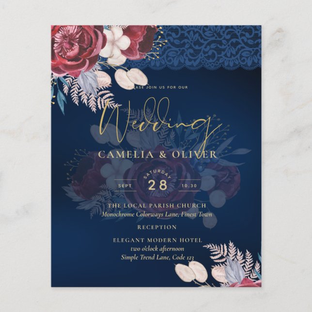 Flyer Casamento com rendas Florais Florais Azul-Borgonha (Frente)