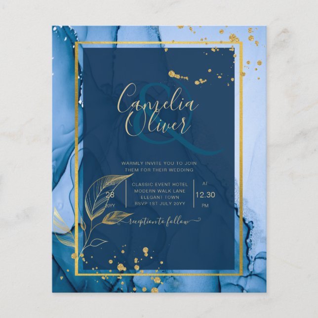 Flyer Casamento com tinta a álcool Dourada azul do Marin (Frente)