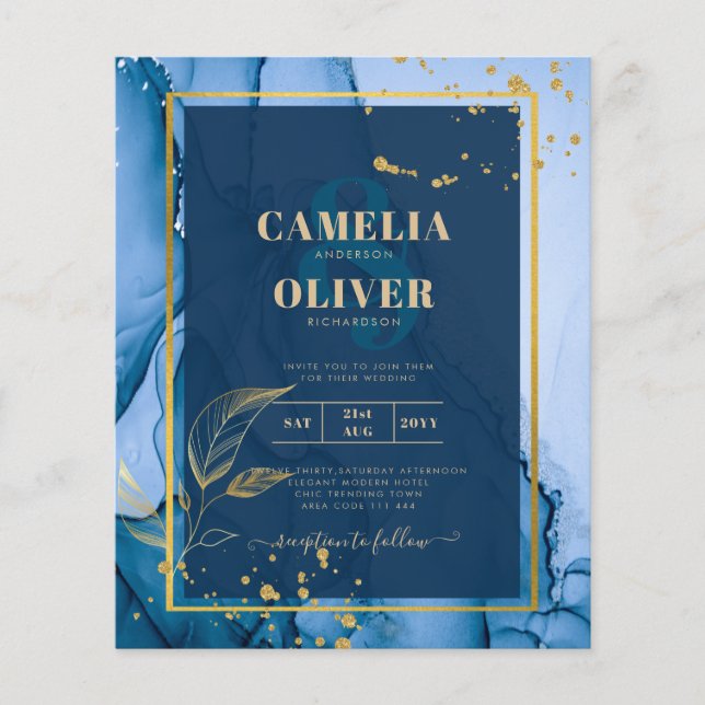 Flyer Casamento com tinta a álcool Dourada azul do Marin (Frente)