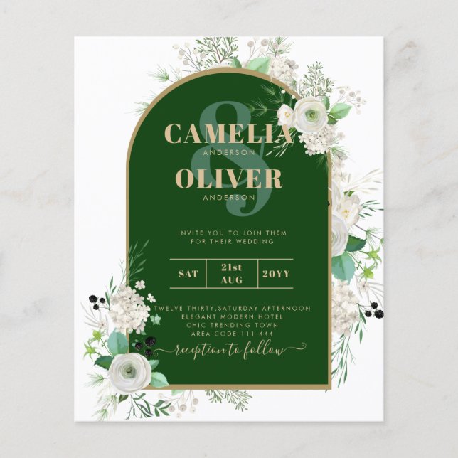 Flyer Casamento de Emerald Greenery, Roses Brancas de Ve (Frente)