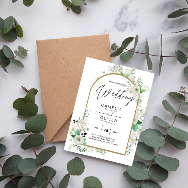 Flyer Casamento de Emerald Greenery, Roses Brancas de Ve (Criador carregado)