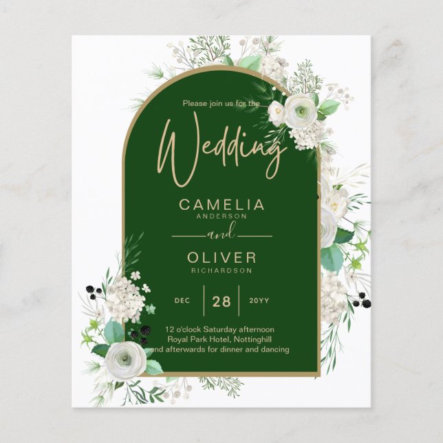 Flyer Casamento de Emerald Greenery, Roses Brancas de Ve (Frente)