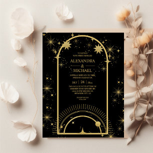 Flyer Casamento de Estrelas Celestiais Douradas Pretas