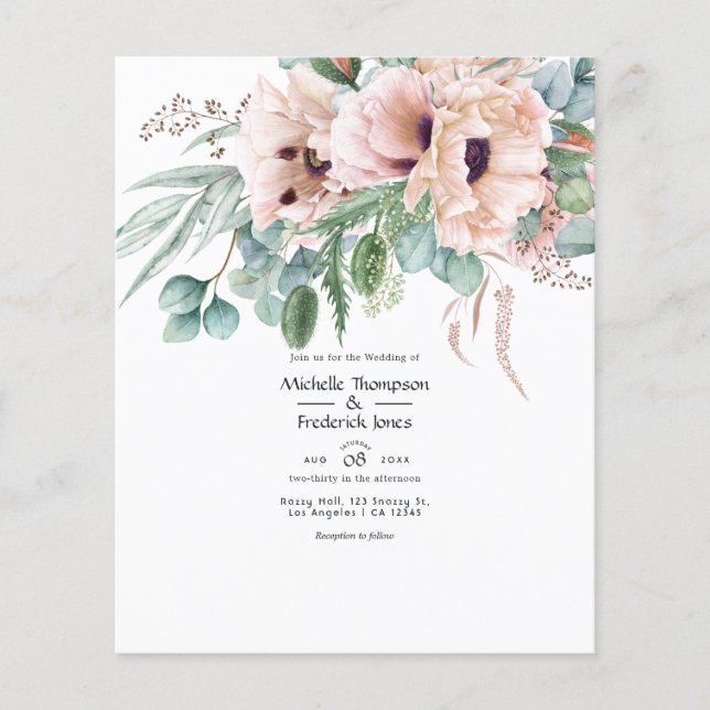 Flyer Casamento de Eucalipto Boêmio com Papoula Rosa (Frente)