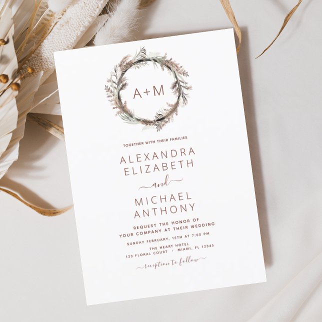 Flyer Casamento de Grass Boho Pampas do Monograma (Criador carregado)