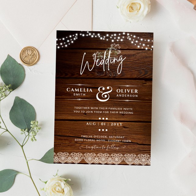 Flyer Casamento de Gypsophila Rustic Wood Mason Jars Luz (Criador carregado)