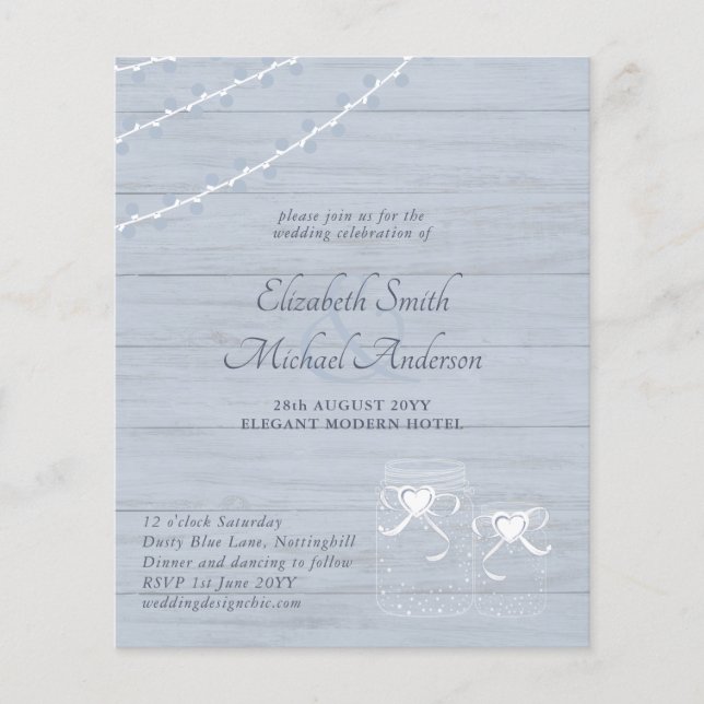 Flyer Casamento de Mason Jar Rustic Blue-Rustic de BAIXO (Frente)