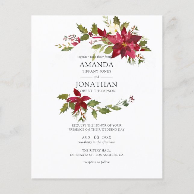 Flyer Casamento de Natal Floral da Burgundy Watercolor (Frente)