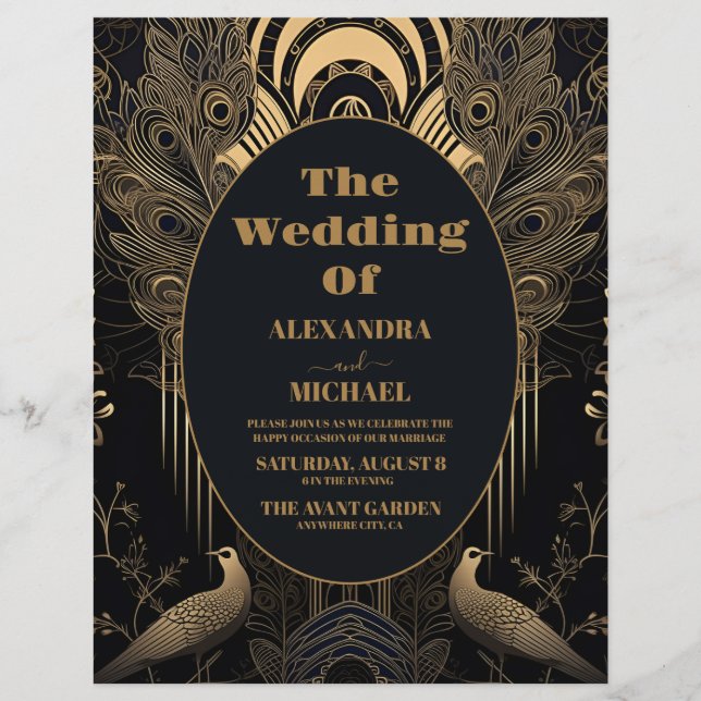 Flyer Casamento de Peacocks em Deco de Arte Elegante do  (Frente)