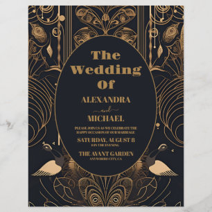 Flyer Casamento de Peacocks em Deco de Arte Elegante do