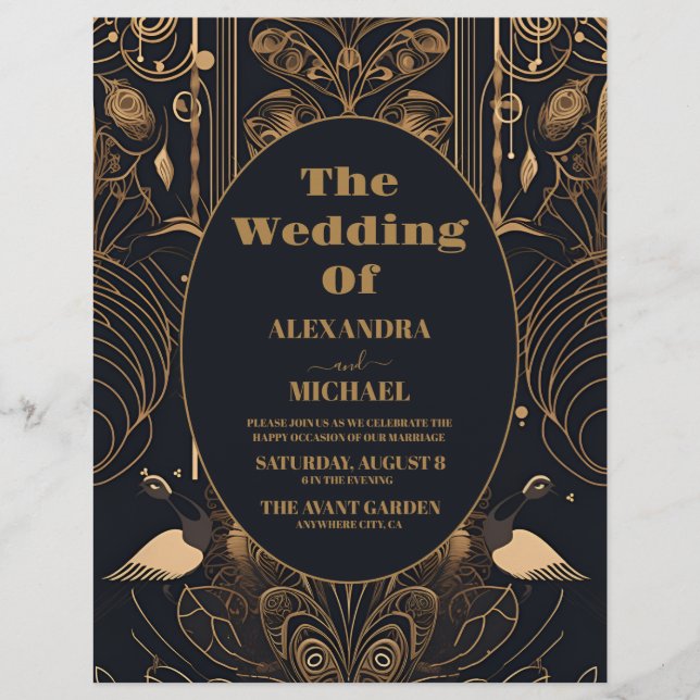 Flyer Casamento de Peacocks em Deco de Arte Elegante do  (Frente)