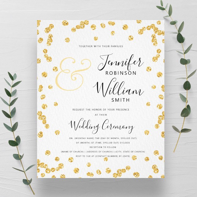 Flyer Casamento Dourado com Confetti Scripts de Glitter  (BUDGET Gold Glitter Confetti Script Wedding Flyer)
