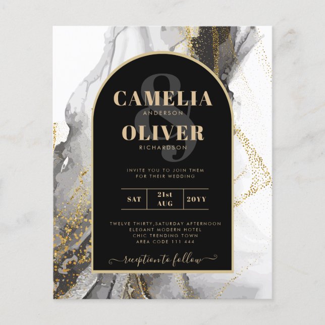 Flyer Casamento Dourado com mármore preto moderno, Marbl (Frente)