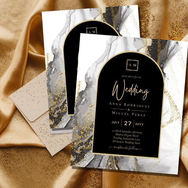 Flyer Casamento Dourado com mármore preto moderno, Marbl (Criador carregado)
