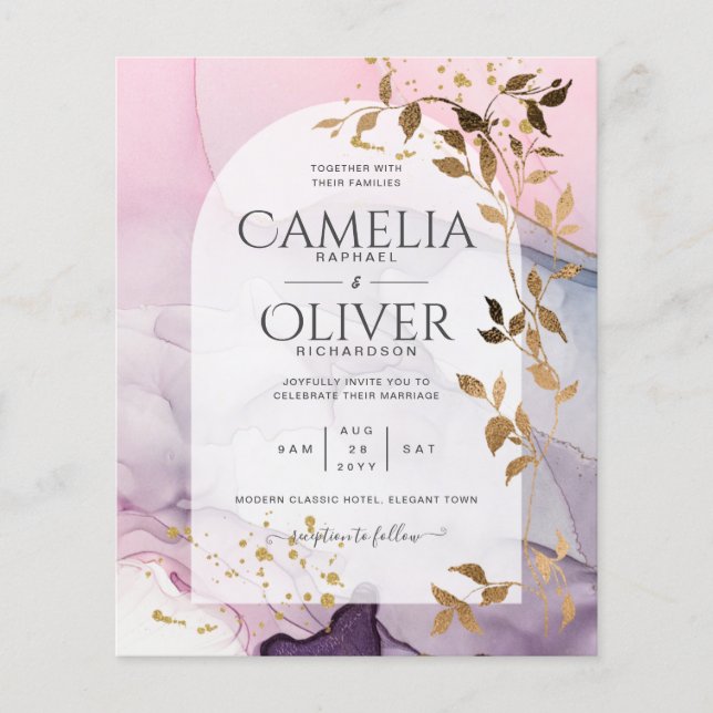 Flyer Casamento Dourado Rosa Rosa Púrpura de Mão-de-Tint (Frente)