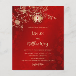 Flyer Casamento Dourado Vermelho Chinês Magnolia