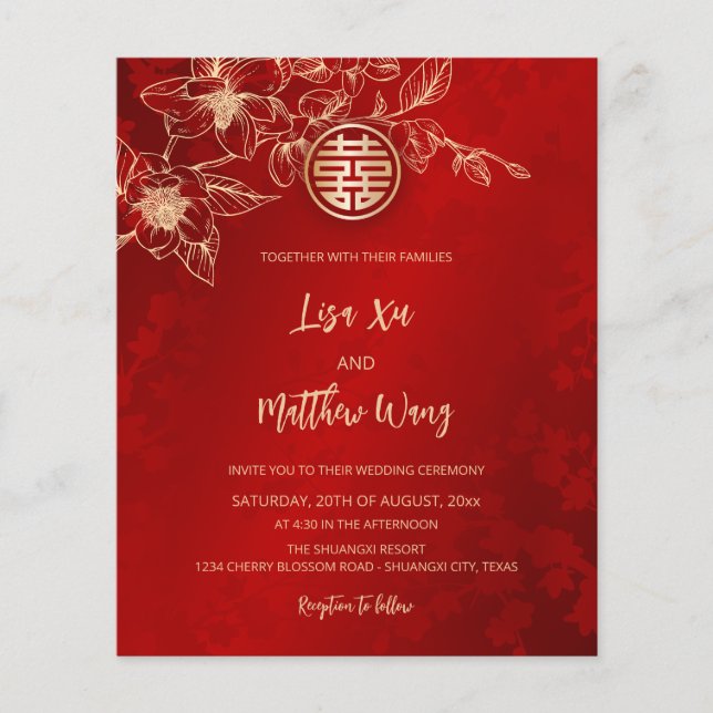 Flyer Casamento Dourado Vermelho Chinês Magnolia (Frente)