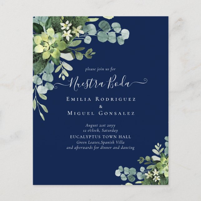Flyer Casamento Espanhol NOSSA BODA Eucalipto Folhagem (Frente)