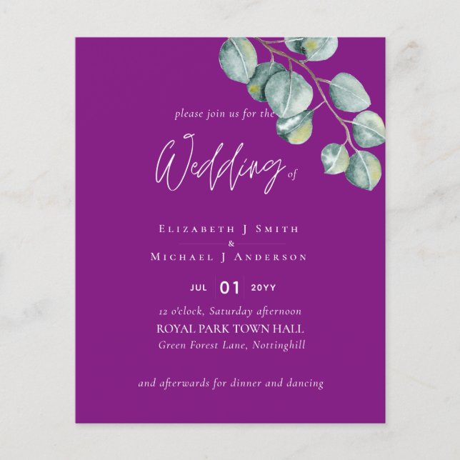 Flyer Casamento EUCALYPTUS Branco VIOLET Baixo Orçamento (Frente)