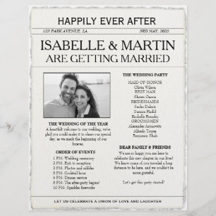 Flyer Casamento Faux Deckle-Edge Black and White Newspap