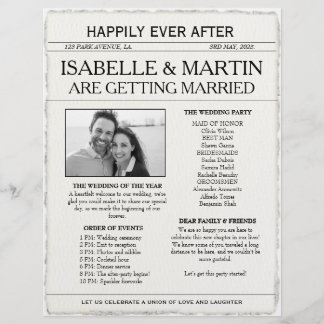 Flyer Casamento Faux Deckle-Edge Black and White Newspap