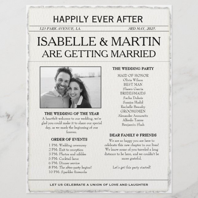 Flyer Casamento Faux Deckle-Edge Black and White Newspap (Frente)