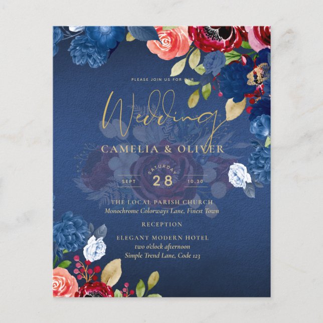 Flyer Casamento Floral Azul Borgonha Rústico (Frente)