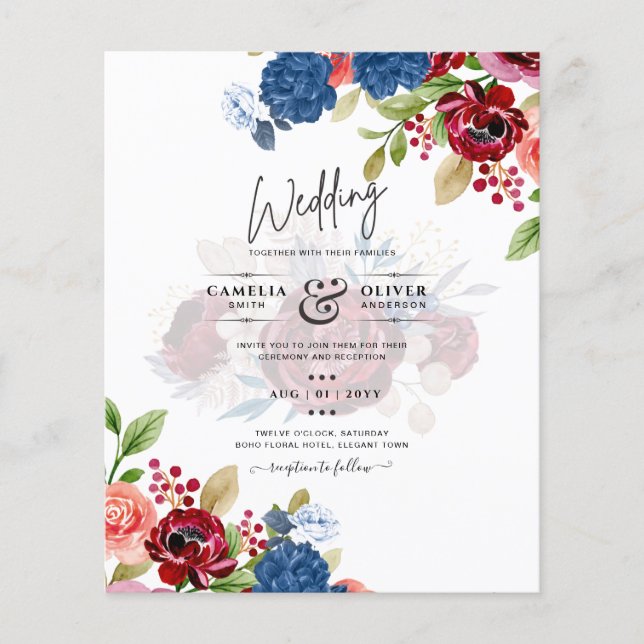 Flyer Casamento Floral Azul Borgonha Rústico (Frente)