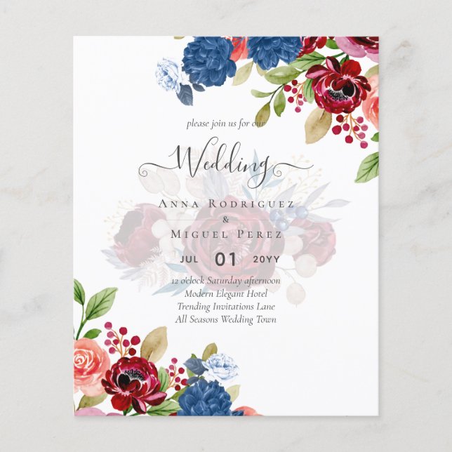 Flyer Casamento Floral Azul Borgonha Rústico (Frente)