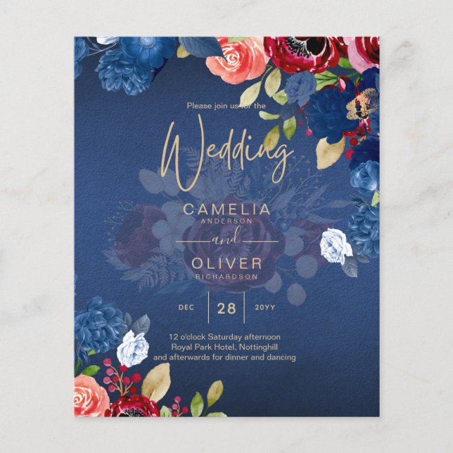 Flyer Casamento Floral Azul Borgonha Rústico (Frente)