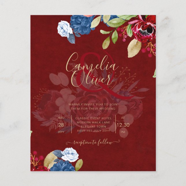 Flyer Casamento Floral Azul Borgonha Rústico (Frente)