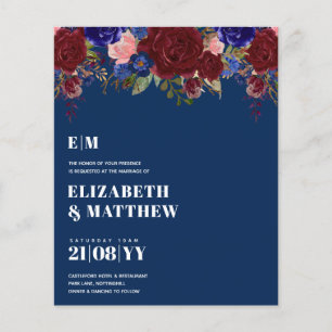 Flyer Casamento Floral Azul Burgundy com BAIXO PREÇO