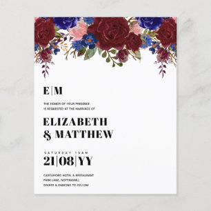 Flyer Casamento Floral Azul Burgundy com BAIXO PREÇO