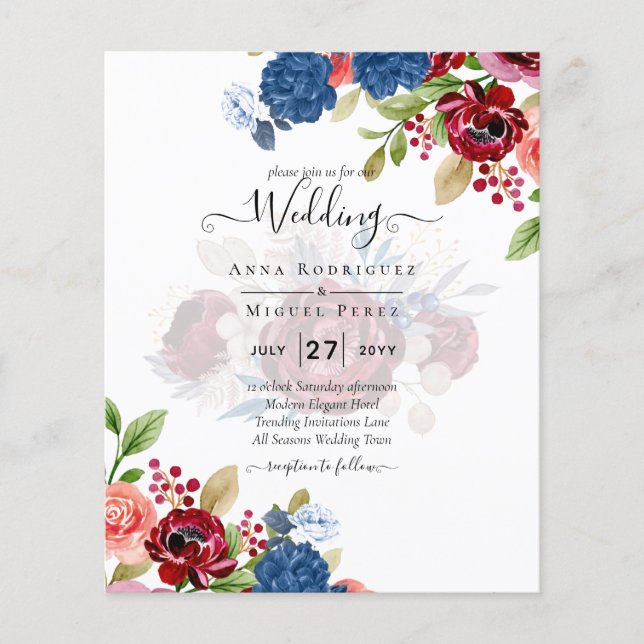 Flyer Casamento Floral Azul Burgundy Rústico (Frente)