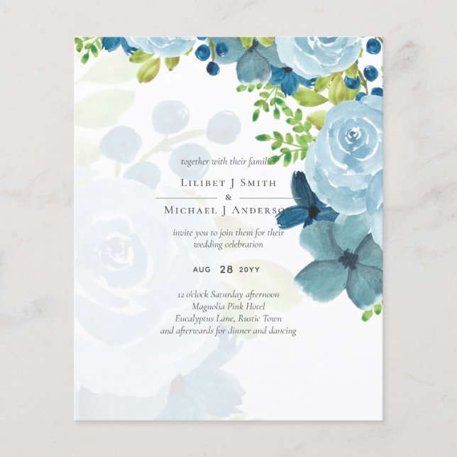 Flyer Casamento Floral Azul com Dusty (Frente)