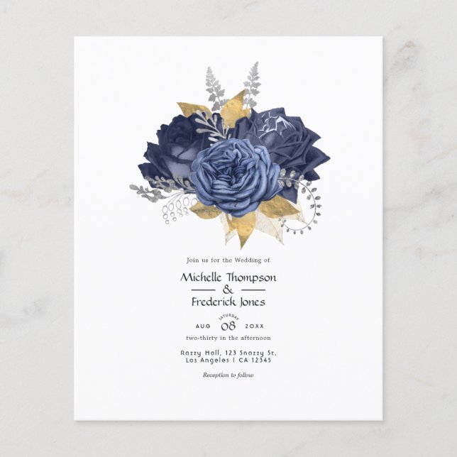 Flyer Casamento Floral Azul Marinho, Dourado e Prata (Frente)