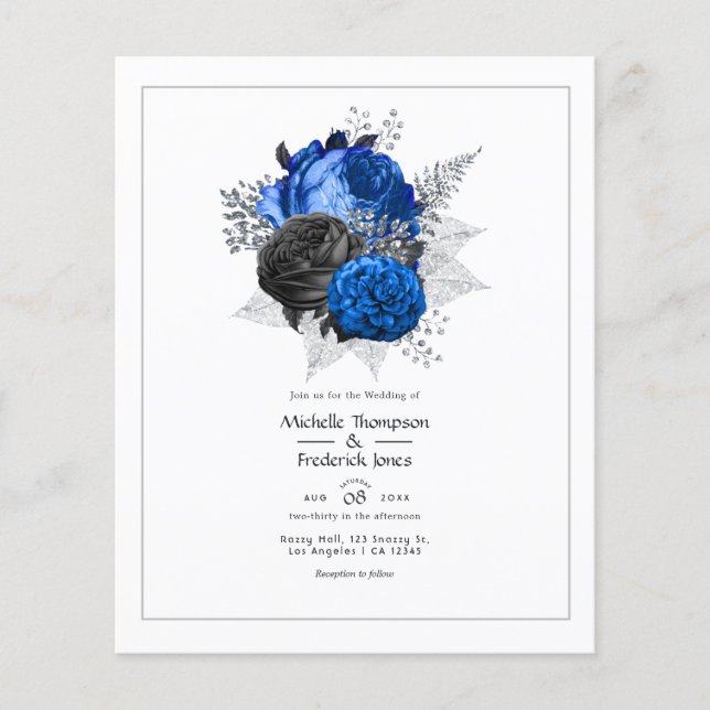 Flyer Casamento Floral Azul Real, Preto e Prata (Frente)
