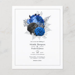 Flyer Casamento Floral Azul Real, Preto e Prata