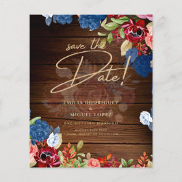 Flyer Casamento Floral Azul Russo Burgundy SALVAR A DATA