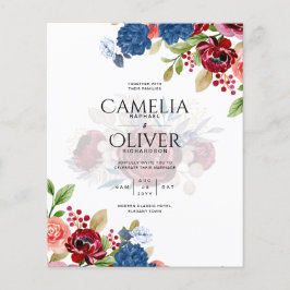 Flyer Casamento Floral Azul Rústico Borgonha