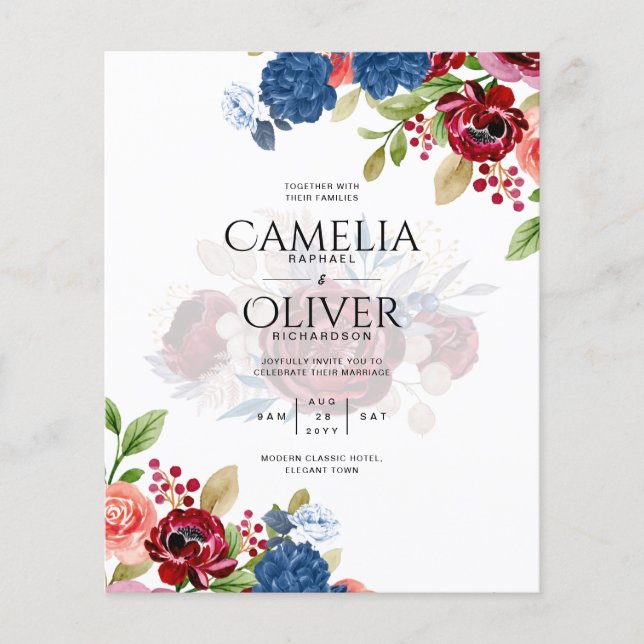 Flyer Casamento Floral Azul Rústico Borgonha (Frente)