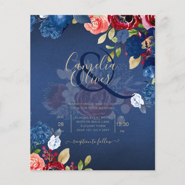 Flyer Casamento Floral Azul Rústico Borgonha (Frente)