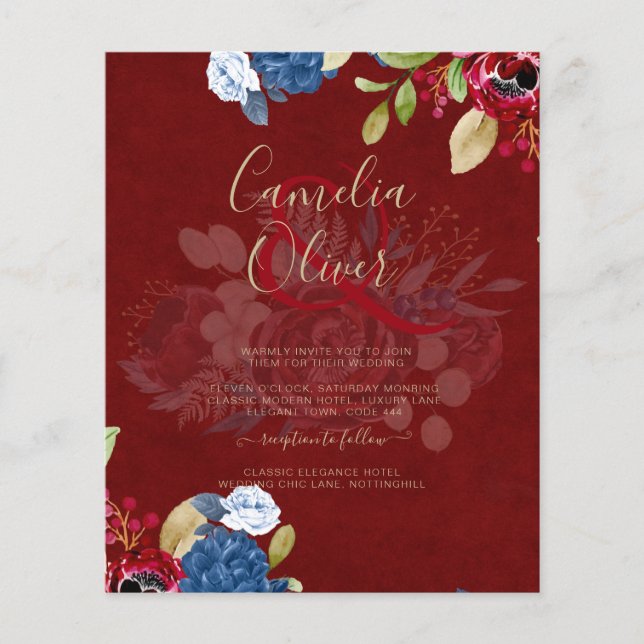 Flyer Casamento Floral Azul Rústico Borgonha (Frente)