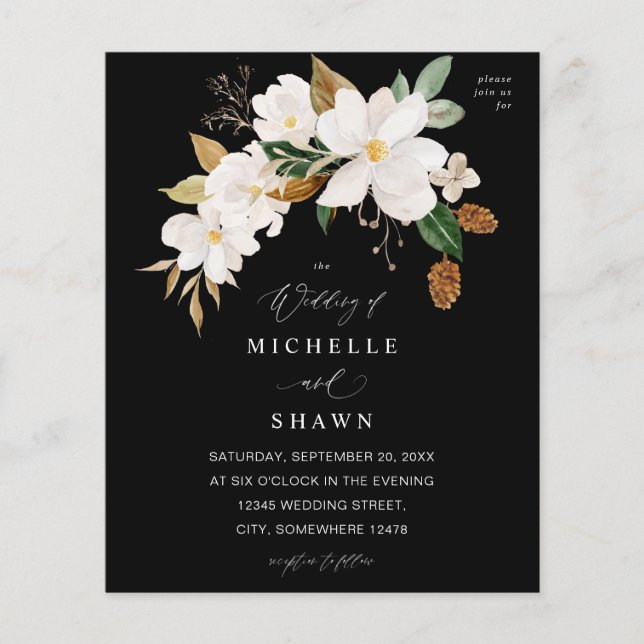 Flyer Casamento Floral Branco Magnolia - Preto (Frente)