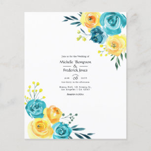 Flyer Casamento Floral com Aquarela Turquesa e Amarela