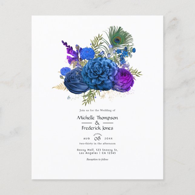 Flyer Casamento Floral de Peacock marinho Azul e Dourado (Frente)