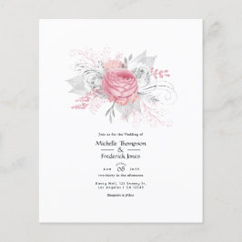 Flyer Casamento Floral de Prata de Folha Rosa e Faux