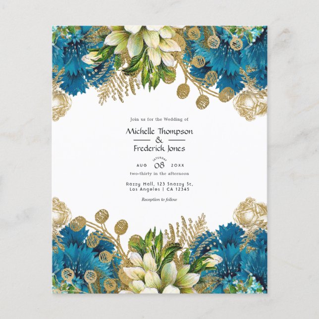 Flyer Casamento Floral Desgastado em Turquesa e Dourado  (Frente)